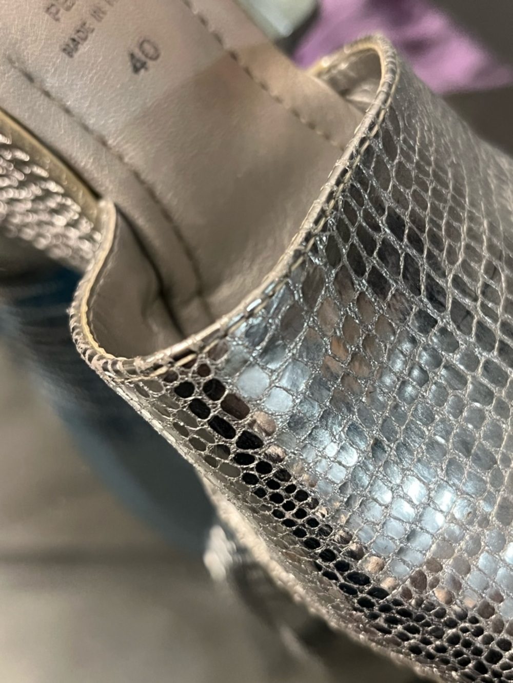 Metallic Silver Leather Textured Wedge Mules